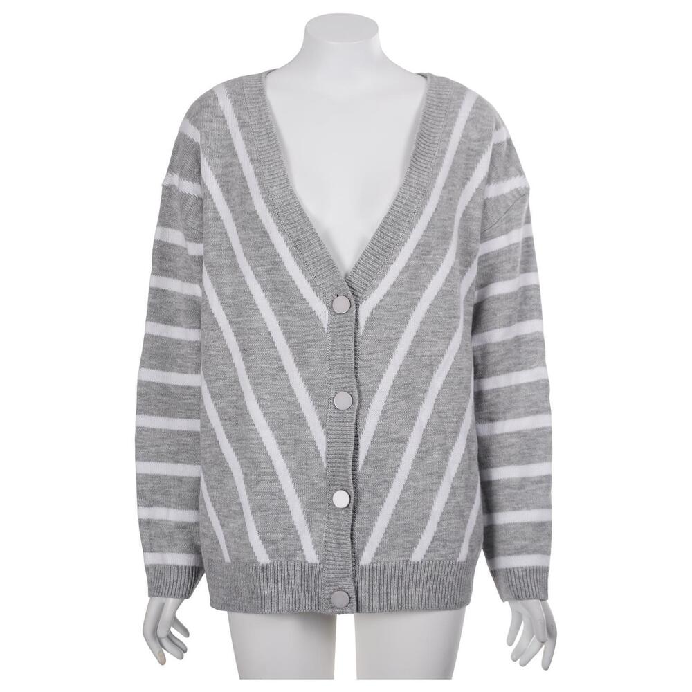 Women's Cardigan L Gray Striped Knit V-Neck Long Sleeve Casual Sweater